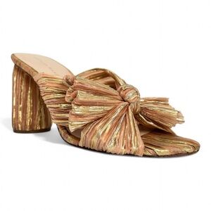 LOEFFLER RANDALL Penny Mule Gold/Bermuda Pink Pleated Metallic Bow Box Heel 7B